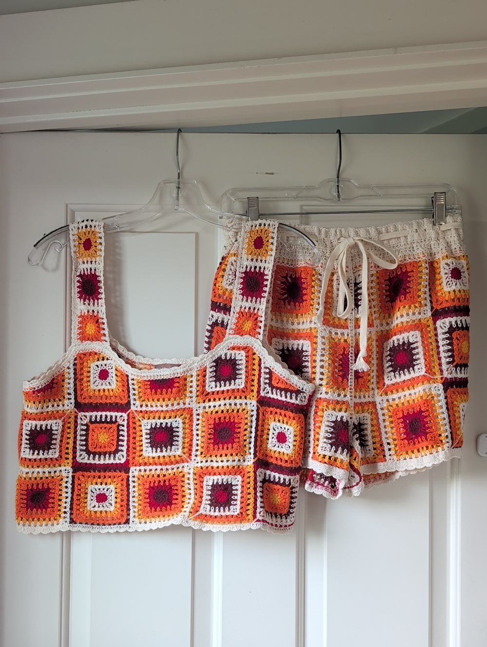 Crocheted Granny Square Tank & Shorts Set - White, Orange, Red